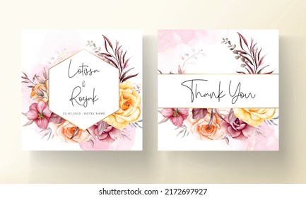 Frames of watercolor red  flowers and leaves on wedding invitation