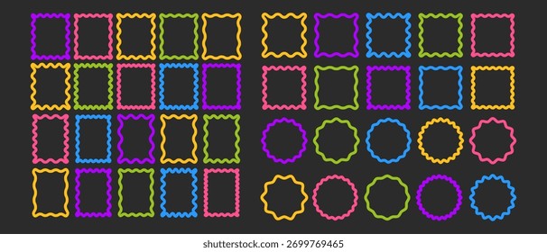 Frames with wavy edges set. Trendy curved rectangle, square, circle frame box. Modern vector template.
