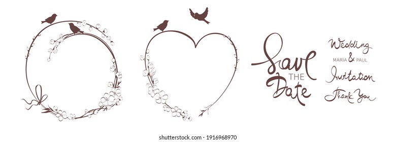 Frames for Wedding invitation. Set vector design elements on the theme of flowering and spring. Calligraphic lettering collection.	