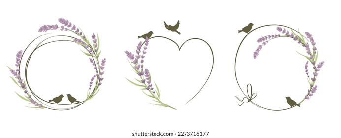 Marcos para la invitación de boda. Establezca elementos de diseño vectorial, flores de lavanda y aves.	