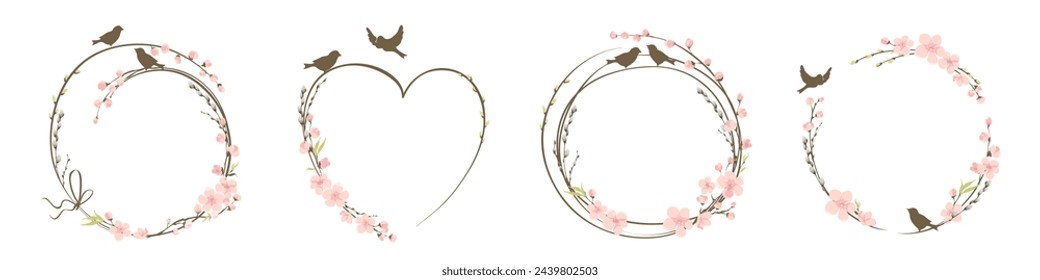 Frames for Wedding invitation. Willow and Cherry blossom. Set vector design elements on the theme of flowering and spring.	