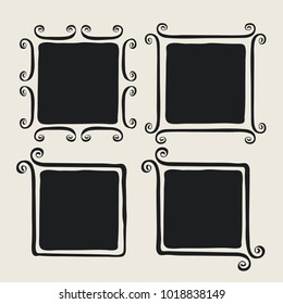 Frames with whimsical swashes. Cute hand made set painted with ink brush. Hand drawn doodle picture frames. Elements for baby shower, wedding invitations, scrapbook. Doodle vector illustration