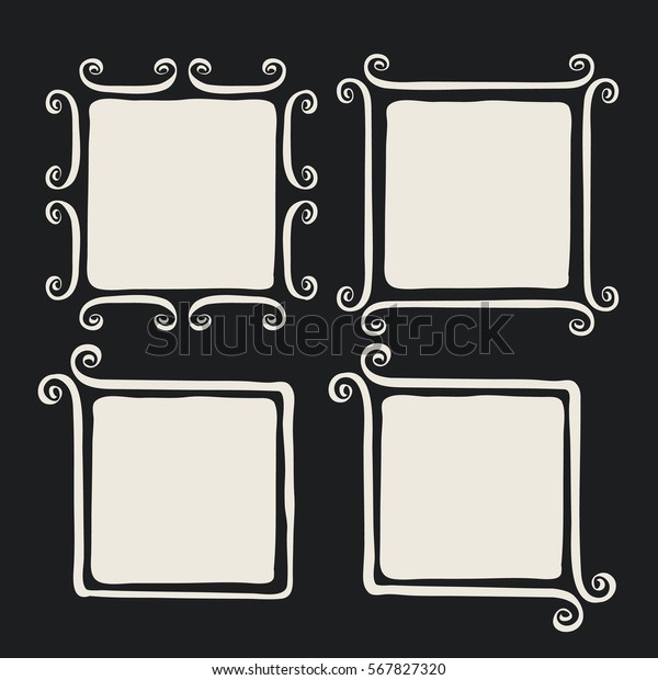 Frames with whimsical swashes. Elements for\
baby shower, wedding invitations, scrapbook. Cute hand made set\
painted with ink brush. Hand drawn doodle picture frames. Doodle\
vector illustration