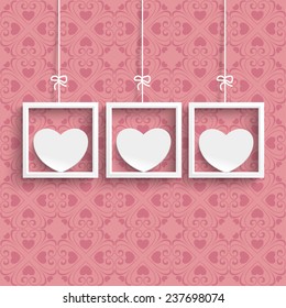 Frames with white hearts and ornaments on the pink background. Eps 10 vector file.