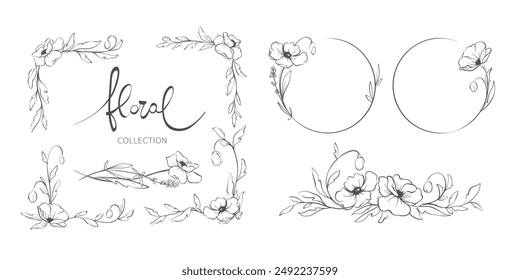 Frames from wild flower wreaths. Sketch in lines, freehand drawing. Vector illustration, summer flowers borders.	
