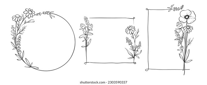 Frames from wildflowers. Sketch in lines, freehand drawing. Vector illustration, summer flowers borders.