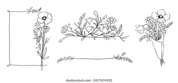Frames from wildflowers. Sketch in lines, freehand drawing. Vector illustration, summer flowers borders.	