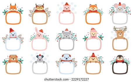 Marcos con animales de invierno iconos planos Elementos decorativos de las imágenes para el interior de la casa. Perro gracioso, erizo, pingüino, oso y ciervo. Decoración de moda de las plantas navideñas. Ilustraciones aisladas de color