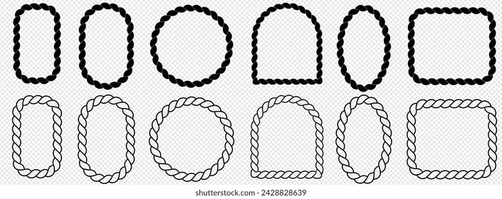 Marcos tejidos de cadena o cuerda. Borde de adorno de diferentes formas geométricas. Paquete de elementos vectoriales aislados sobre un fondo blanco.