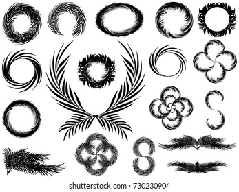Frames and wreaths in black and white style from the leaves of palm trees. Set of elements for logo design