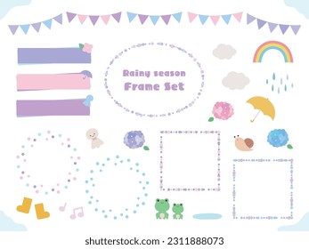 Frameset for rainy season, hydrangea color.Vector illustration.