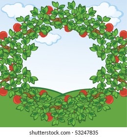 Framework from apple-tree branches. A background.  A rural landscape.