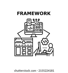 Framework Coding Vector Icon Concept. Framework Coding Programmer On Computer, Developing Software And Application Or Web Site. It Worker Writing Code On Pc Screen Black Illustration