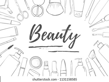 A framework of cosmetic products. Black and White template for beauty blog, store, spa salon. Place for text.