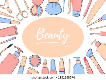 A framework of cosmetic products. Pastel blue and pink Black White template for beauty blog, store, spa salon. Place for text.