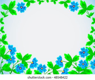 Framework with the image of bright, field, blue cornflowers with leaves