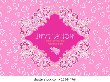 Framework for invitation with filigree ornament on background with hearts 