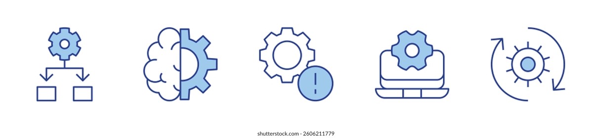 framework, machine learning, warning, software, exchange. Gear Icon vector illustration. Line Duotone style. Editable stroke.
