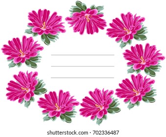 Framework oval wreath of bright pink chrysanthemums with green leaves, drawn in vector on white background with place for congratulatory lettering