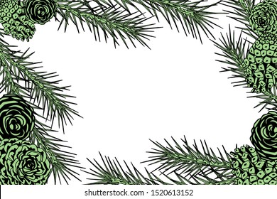 Framework with pine branches, cones, needles, decorative twigs and leaves on white background, hand digital draw, decorative botanical illustration for design, Christmas tree, vector