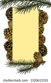Framework with pine branches, cones, needles, decorative twigs and leaves on white background, hand digital draw, decorative botanical illustration for design, Christmas tree, vector