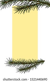 Framework with pine branches, cones, needles, decorative twigs and leaves on white background, hand digital draw, decorative botanical illustration for design, Christmas tree, vector