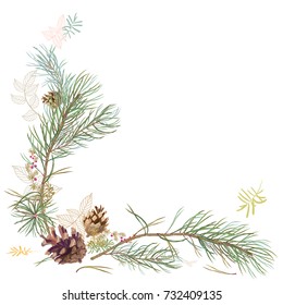 Framework with pine branches, cones, needles, decorative twigs and leaves on white background, hand digital draw, watercolor style, decorative botanical illustration for design, Christmas tree, vector