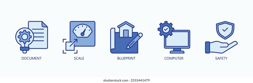Framework For Scalable And Secure Digital Documentation Icon Set Vector Illustration Concept With Icon Of Document, Scale, Blueprint, Computer, Safety In Blue Style