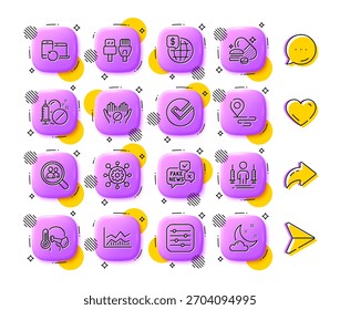 Marco, empleados de Búsqueda y píldoras de comer en exceso iconos de línea. App 3D Botones. Los medios sociales comentan, comparten, les gustan los iconos. Pack de Filtrar, noticias falsas, icono de hombre enfermo. Vector