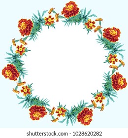 Framework square on a gentle background festive from a round wreath of garlands of bright painted in a vector orange flowers of marigolds and green leaves folklore joyful rural