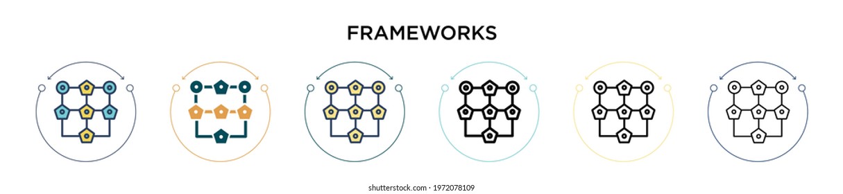 Frameworks icon in filled, thin line, outline and stroke style. Vector illustration of two colored and black frameworks vector icons designs can be used for mobile, ui, web