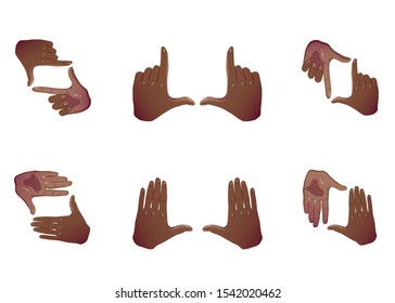 Framing African hands template, cinema frame cropping for design. Focus hand gesture. Space imagination. Teamwork concept. Photo borders set. Camera viewfinder. Various combination of perspective view