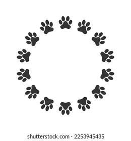 Framing from animal paws print with blank space. Circle frame graphic design template. Symbol isolated on white background. Vector illustration