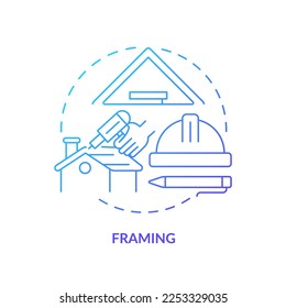 Framing blue gradient concept icon. House carcass and roof installation. Phase of home building abstract idea thin line illustration. Isolated outline drawing. Myriad Pro-Bold font used
