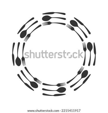Framing from cutlery. Spoon, fork and knife in a circle graphic background. Frame isolated on white background. Vector illustration