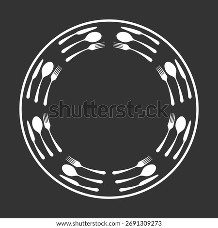 Framing from cutlery. Spoon, fork and knife in a circle graphic background. Frame isolated on black background. Vector illustration