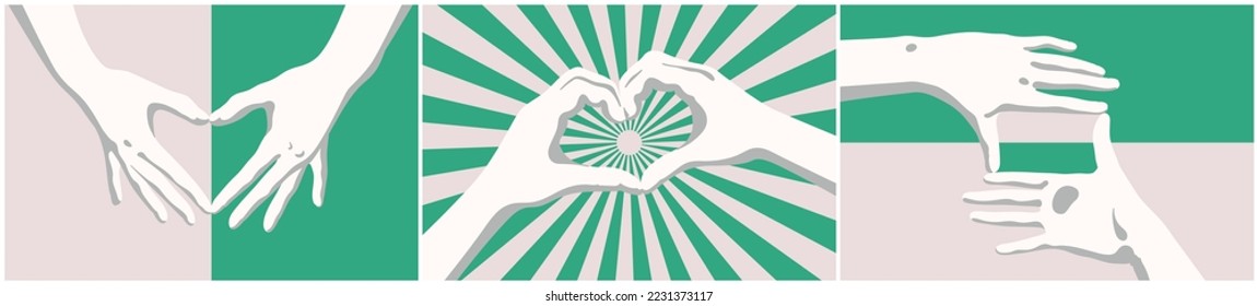Gesto de encuadernación. Manos con forma de corazón. Conjunto de afiches de color gris verde abstracto