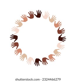 Framing from handprints different tone skin in circle with blank space in the centre. Graphic circle frame design template. Symbol isolated on white background. Vector illustration