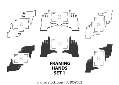 Framing hands as a template for video or photo design set1. Different combinations of frames made from fingers. Vector illustrations of perspective view.