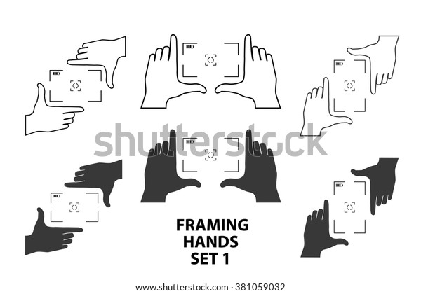 Framing hands as a template for video\
or photo design set1. Different combinations of frames made from\
fingers. Vector illustrations of perspective\
view.