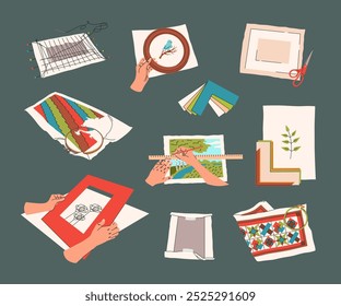 Framing paintings and embroideries. Frames, passe partout, canvas. Framing workshop. Embroidery stretching, painting. Interior design, decorVector illustration in flat style