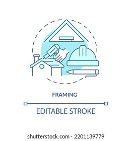 Framing turquoise concept icon. House carcass and roof. Phase of home building abstract idea thin line illustration. Isolated outline drawing. Editable stroke. Arial, Myriad Pro-Bold fonts used
