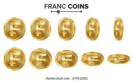Franc 3D Gold Coins Vector Set. Realistic Illustration. Flip Different Angles. Money Front Side. Investment Concept. Finance Coin Icons, Sign, Success Banking Cash Symbol. Currency Isolated On White