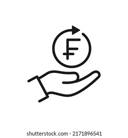 Franc in circular arrow on hand. Money transaction process icon line style isolated. Vector illustration