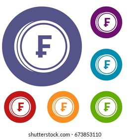 Franc coins icons set in flat circle reb, blue and green color for web