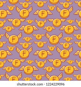 Franc coins with wings, seamless vector pattern
