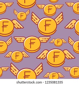 Franc coins with wings, seamless vector pattern.Franc coins with wings, seamless vector pattern.