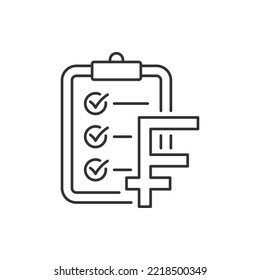 Franc currency sign and clipboard. Money checklist, financial report line icon isolated on white background. Vector illustration