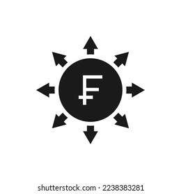 Franc sign with multi-directional arrows. Spread of money. Financial deployment