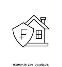 Franc sign and shield with house. Home insurance icon line style isolated on white background. Vector illustration